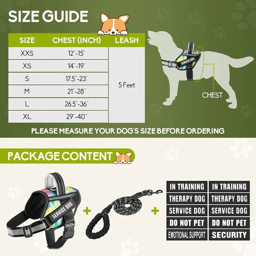 Service Dog Harness & Leash Set – Reflective No-Pull Training Vest with 10 Removable Patches, Multi-Color Options (S–XL Dogs)