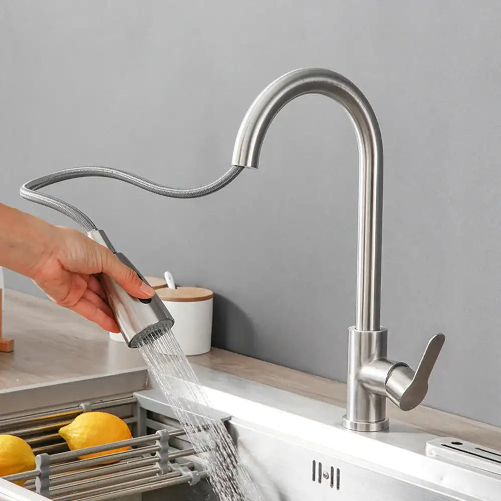 Premium 304 Stainless Steel Pull-Out Kitchen Faucet – Deck-Mounted Mixer Tap with Stream/Sprayer Head (Hot & Cold)