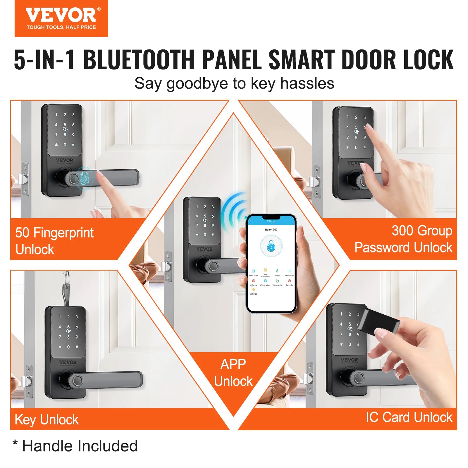 VEVOR Smart Lock 5-in-1 Smart Door Knob – Fingerprint, Keypad & App-Controlled Deadbolt with Independent Handle