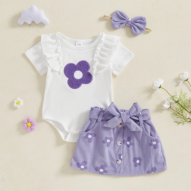 Baby Girl 3-Piece Summer Outfit – Floral Print Romper, Matching Skirt & Headband Set for Outings & Photoshoots