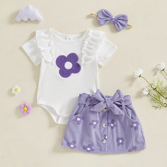 Baby Girl 3-Piece Summer Outfit – Floral Print Romper, Matching Skirt & Headband Set for Outings & Photoshoots