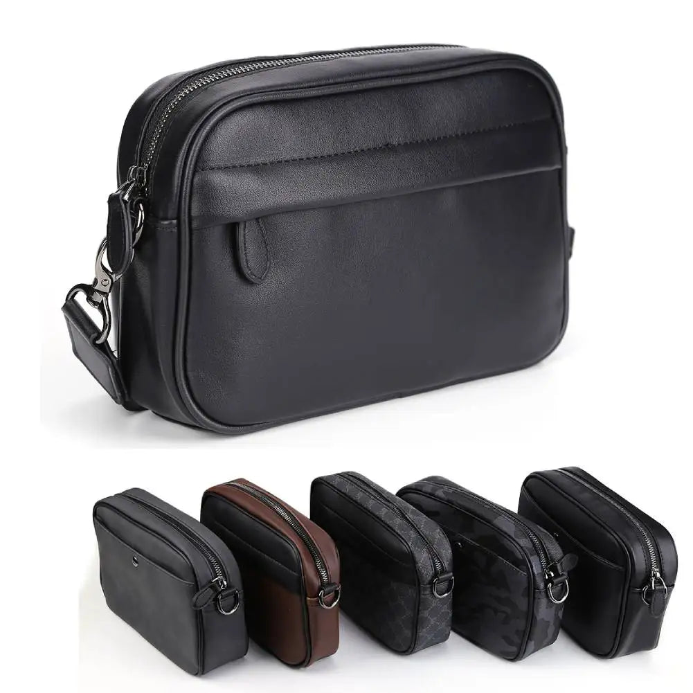 Men’s Plaid Leather Small-Square Crossbody Satchel – Compact Business Shoulder + Sling Bag