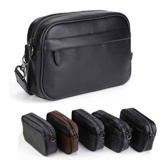 Men’s Plaid Leather Small-Square Crossbody Satchel – Compact Business Shoulder + Sling Bag