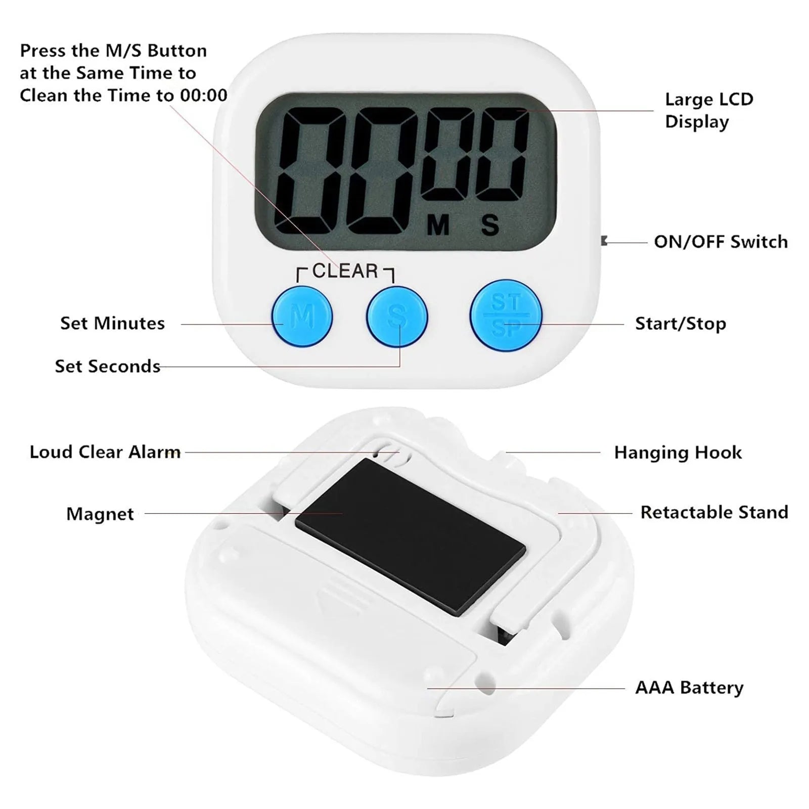 Digital Countdown Timer with Large LCD & One-Touch Control — Kitchen, Classroom, Study & Egg Timer