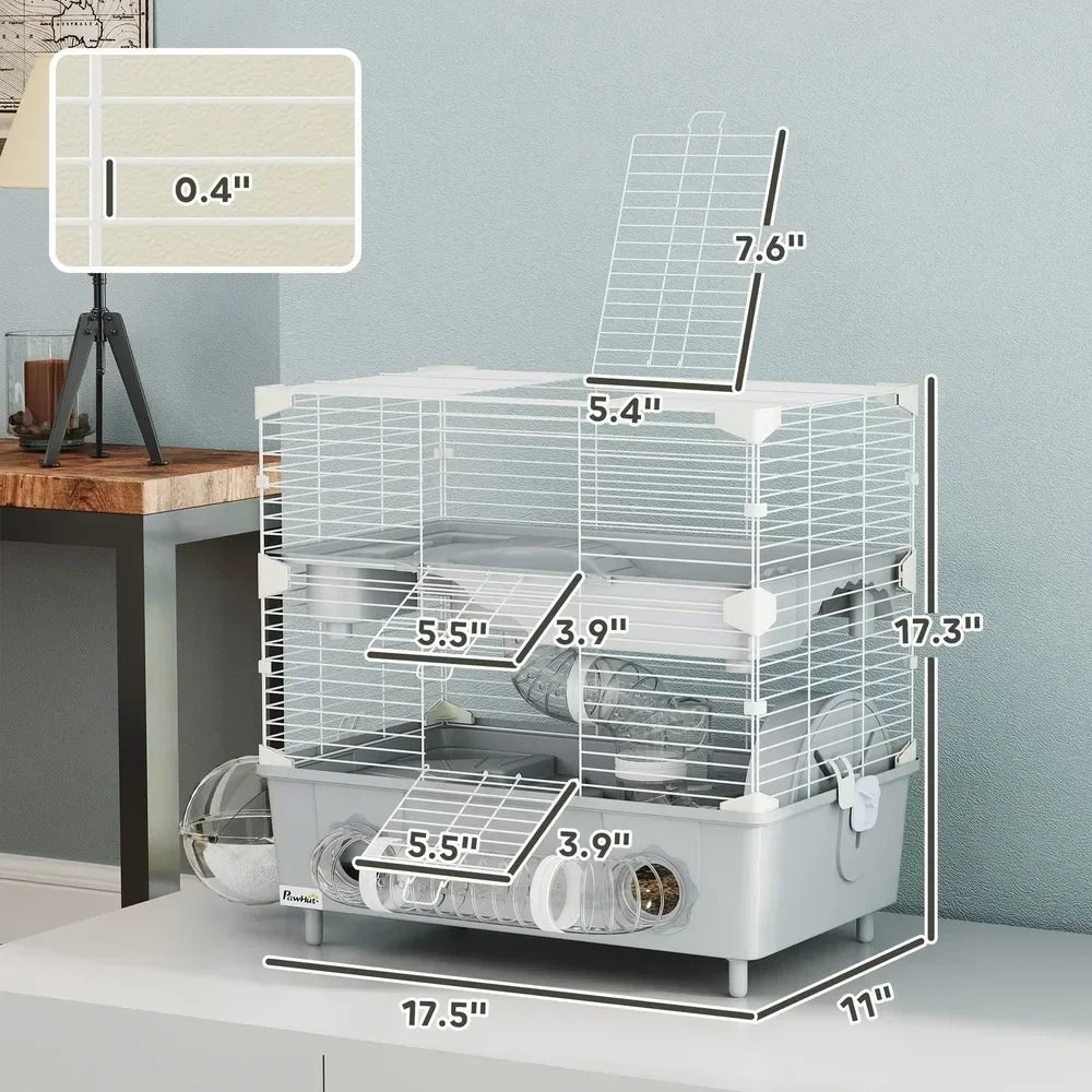 2-Tier Hamster Cage – Spacious Hamster Habitat with Accessories, Durable Gray Design for Small Pets