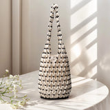 Women Woven Wicker Tote Bag – Hollow-Out Wooden Bead Hand-Bag with Canvas Netted Body, Beach & Summer Shoulder Bucket Bag