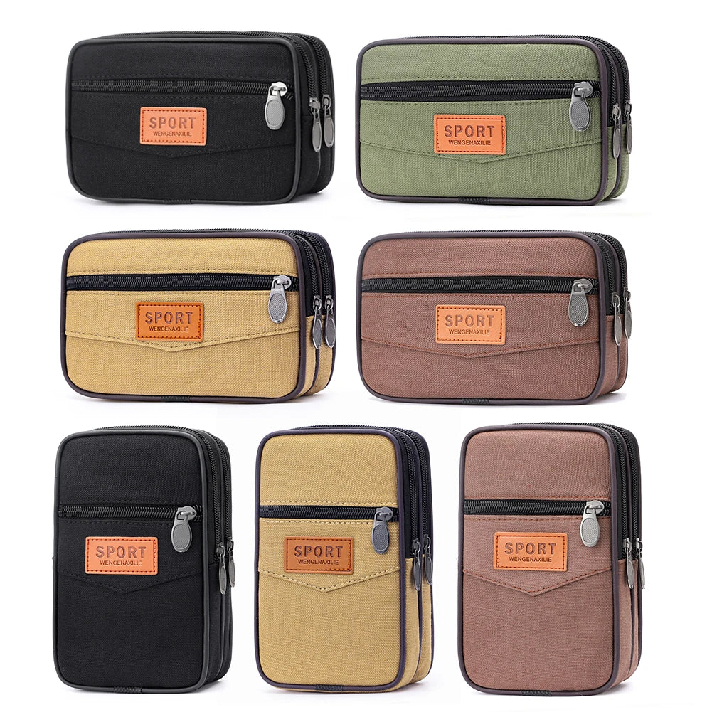 Men’s Outdoor Sports Waist Bag – Multi-Pocket Canvas Coin Pouch & Zipper Change Purse