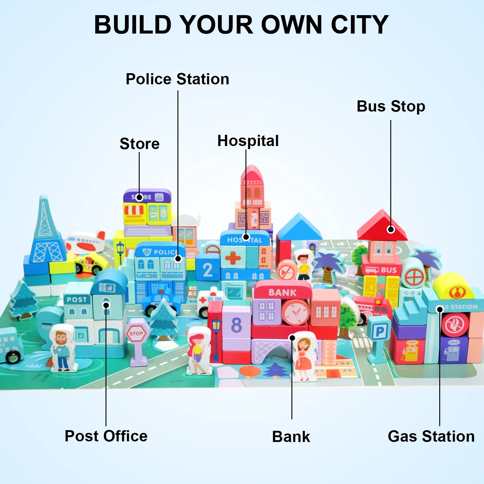 Wooden City Building Blocks Set with Map – 100+ Pieces Educational Construction Toy for Toddlers & Preschoolers