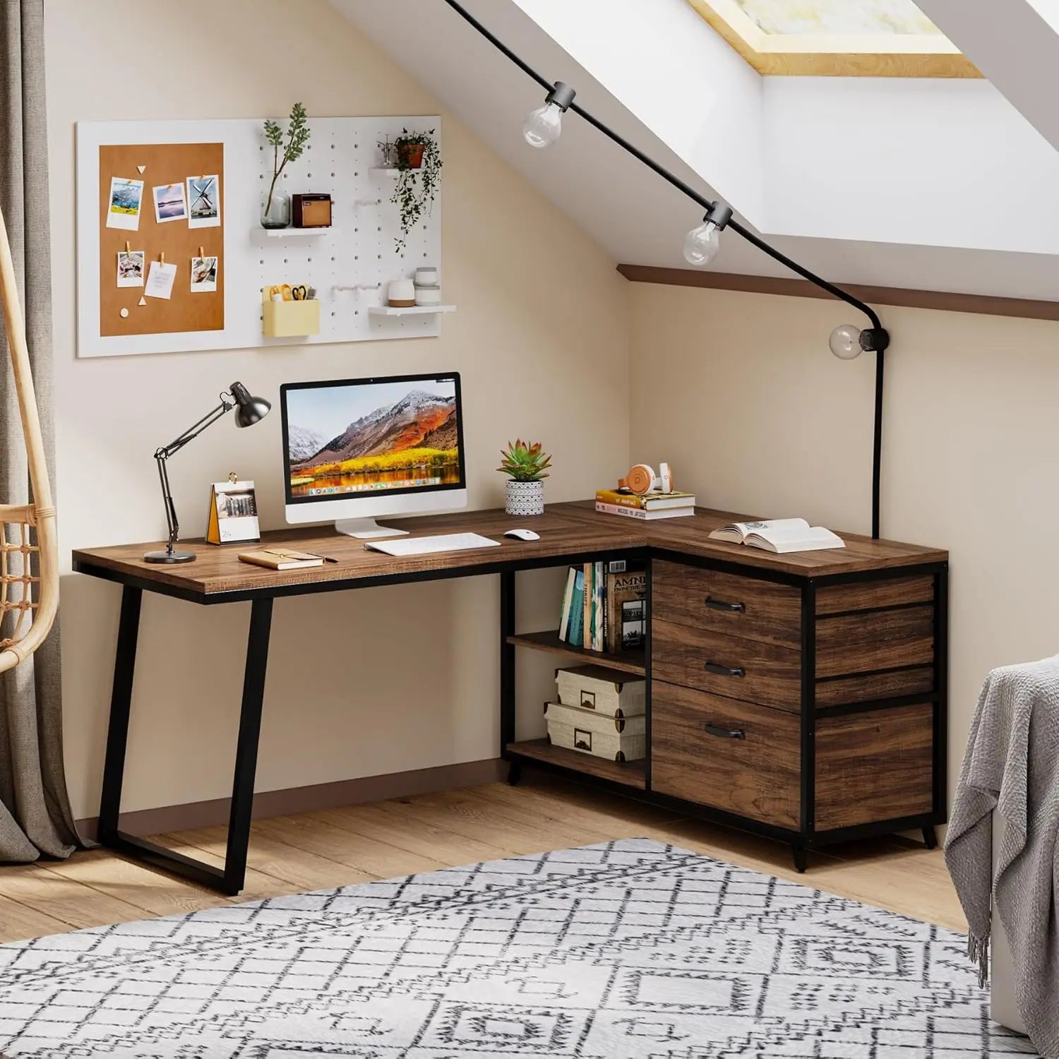 🖥️ 53" L-Shaped Computer Desk – Industrial Home Office Desk with 3 Drawers & Shelves, Rustic Brown Small-Space PC Table