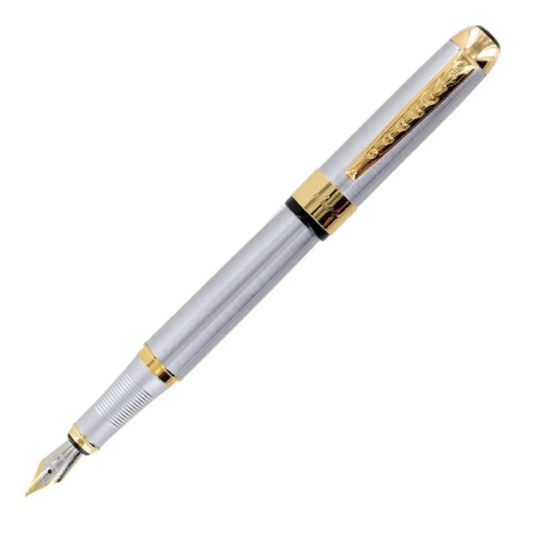 Luxury Golden & Silver Stainless Steel Fountain Pen – High-Quality Nib, Elegant Writing Pen for School, Office & Gift