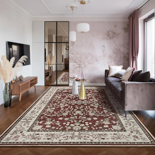 Vintage Floral Washable Area Rug – Soft Low-Pile Non-Slip Carpet for Living Room & Bedroom