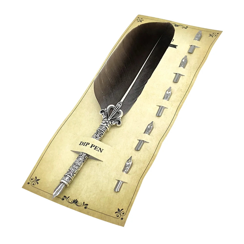 Feather Dip Pen Set with 5 Nibs & Ink – Vintage Calligraphy Writing Tool