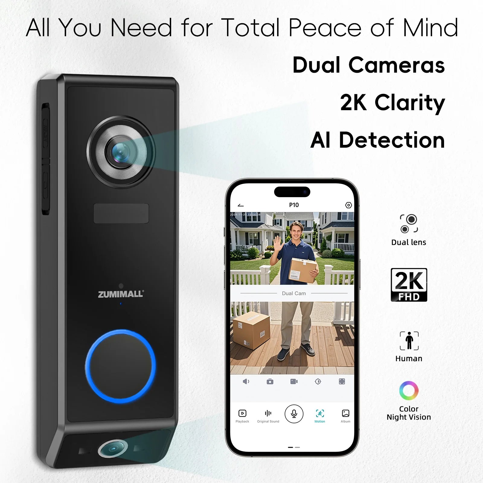 ZUMIMALL Dual-Lens Video Doorbell – Wireless/Wired Smart Doorbell with Battery & Chime, 2-Way Audio, Voice Changer & Home Security Camera