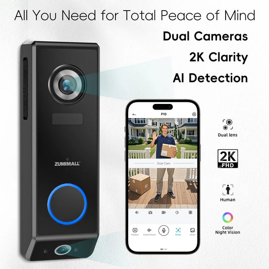 ZUMIMALL Dual-Lens Video Doorbell – Wireless/Wired Smart Doorbell with Battery & Chime, 2-Way Audio, Voice Changer & Home Security Camera