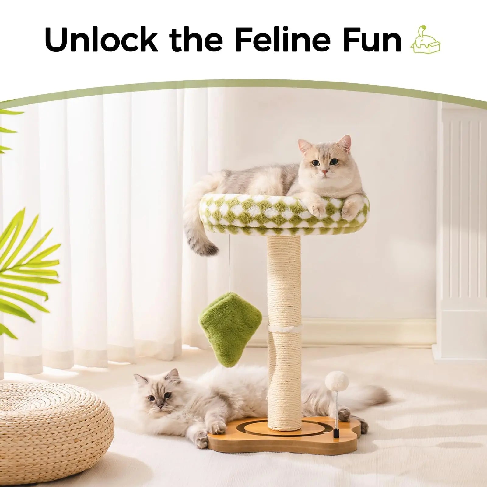 Mewoo Cat Scratching Post Bed – Small Cat Tower with Sisal Scratcher, Ball Track & Toys, Green & Brown Medium Size