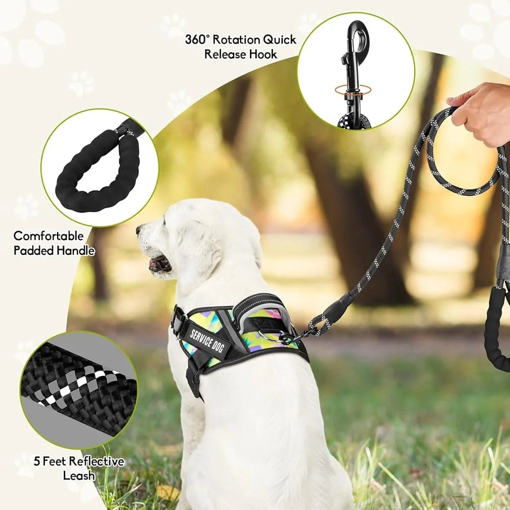 Service Dog Harness & Leash Set – Reflective No-Pull Training Vest with 10 Removable Patches, Multi-Color Options (S–XL Dogs)