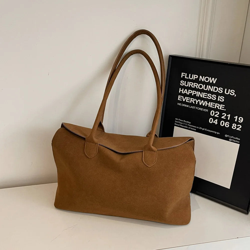 Unisex Suede Top-Handle Tote – Solid Colour Retro Handbag with Inner Pocket for Work & Travel