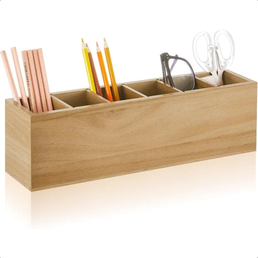 Rustic Wooden 6-Compartment Pen & Brush Holder – Adjustable Desk Organizer