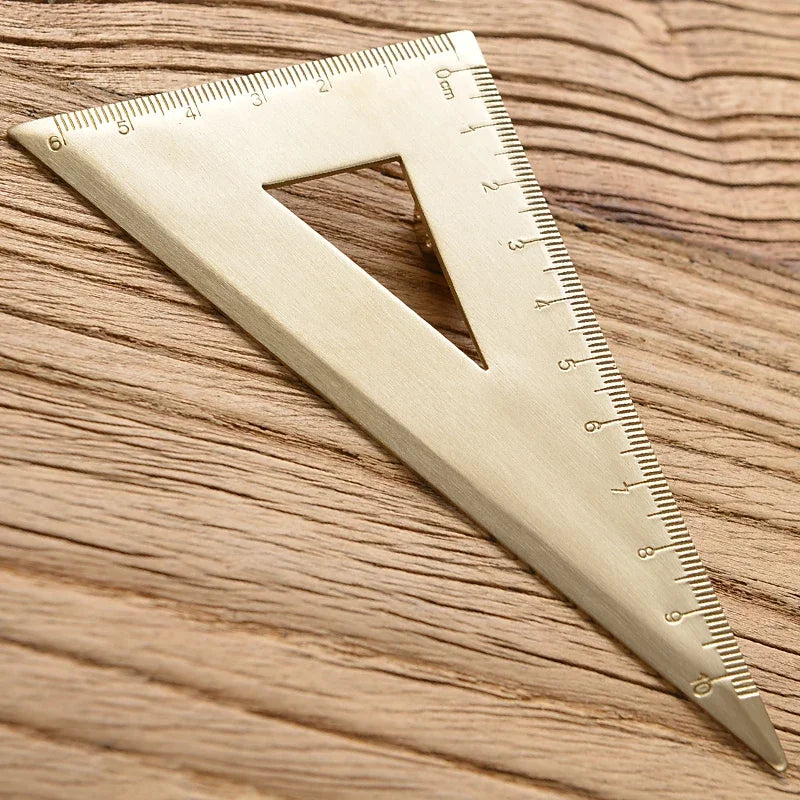 Vintage Brass Straight Ruler – Metal Triangle & Protractor Measuring Tool for Students & Creatives