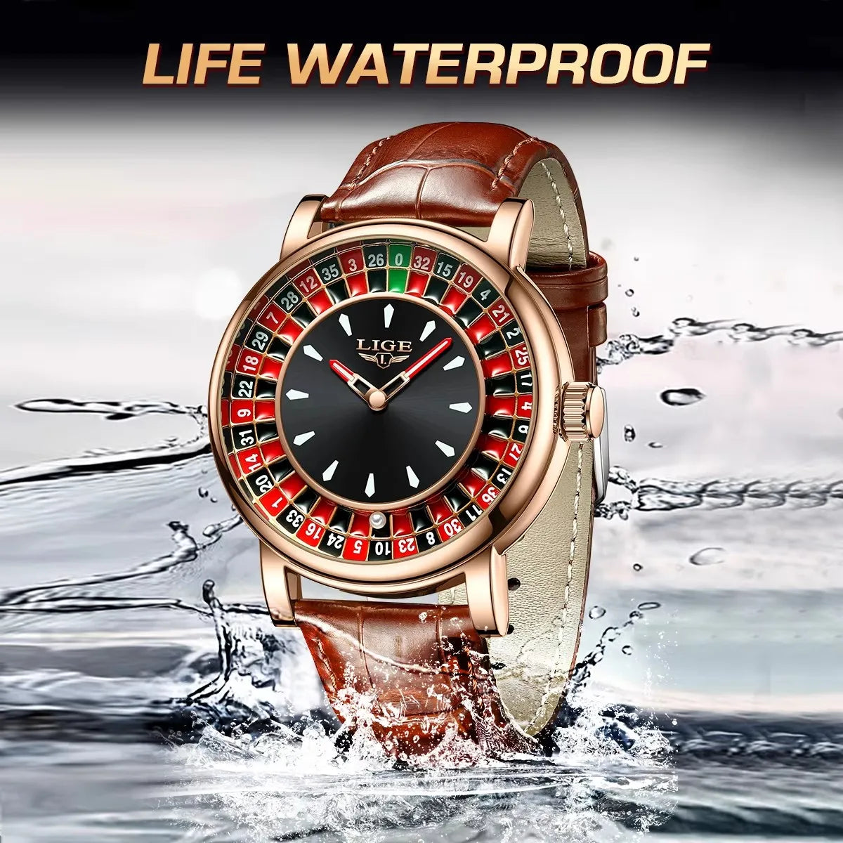 LIGE Russian Roulette Dial Men’s Watch – Creative Rotating Wheel, Luminous Hands, Leather Strap, Business Wristwatch
