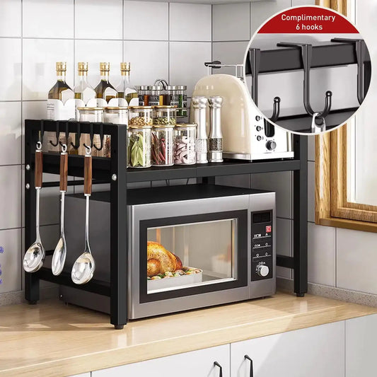 Expandable Microwave Shelf Organizer – Adjustable 42–64cm Countertop Rack, Moisture & Rust-Proof Kitchen Storage Shelf