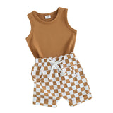 Baby Boy Summer Outfit – 2 Pcs Sleeveless Tank Top & Checkered Shorts Set for Toddler Casual Wear