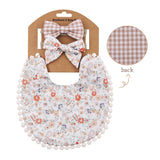 3-Piece Flower Print Baby Bib & Headband Set – Soft Cotton Linen Feeding Bandana Bibs | Double-Layer Saliva Towels for Boys & Girls