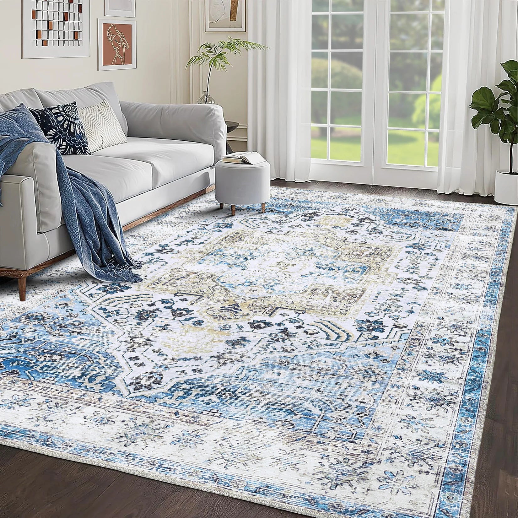 Large Vintage Area Rug 10x13 – Washable Stain-Resistant Carpet with Non-Slip Backing for Living Room & Indoor Décor