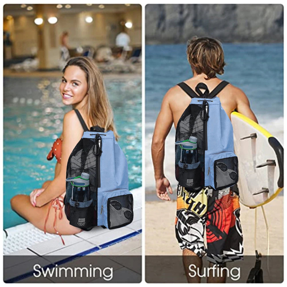 Mesh drawstring swim backpack – lightweight waterproof beach & school bag with adjustable straps for swimming, travel & holidays