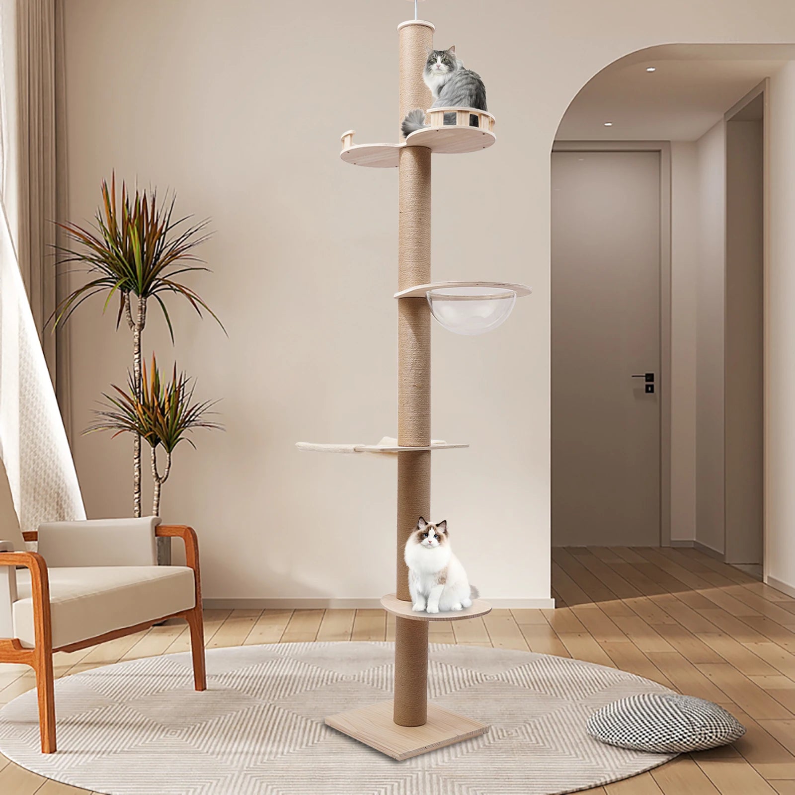 4-Tier Cat Tree Tower – Floor-to-Ceiling Adjustable Climbing Furniture with Sisal Rope Scratching Posts for Indoor Cats & Kittens