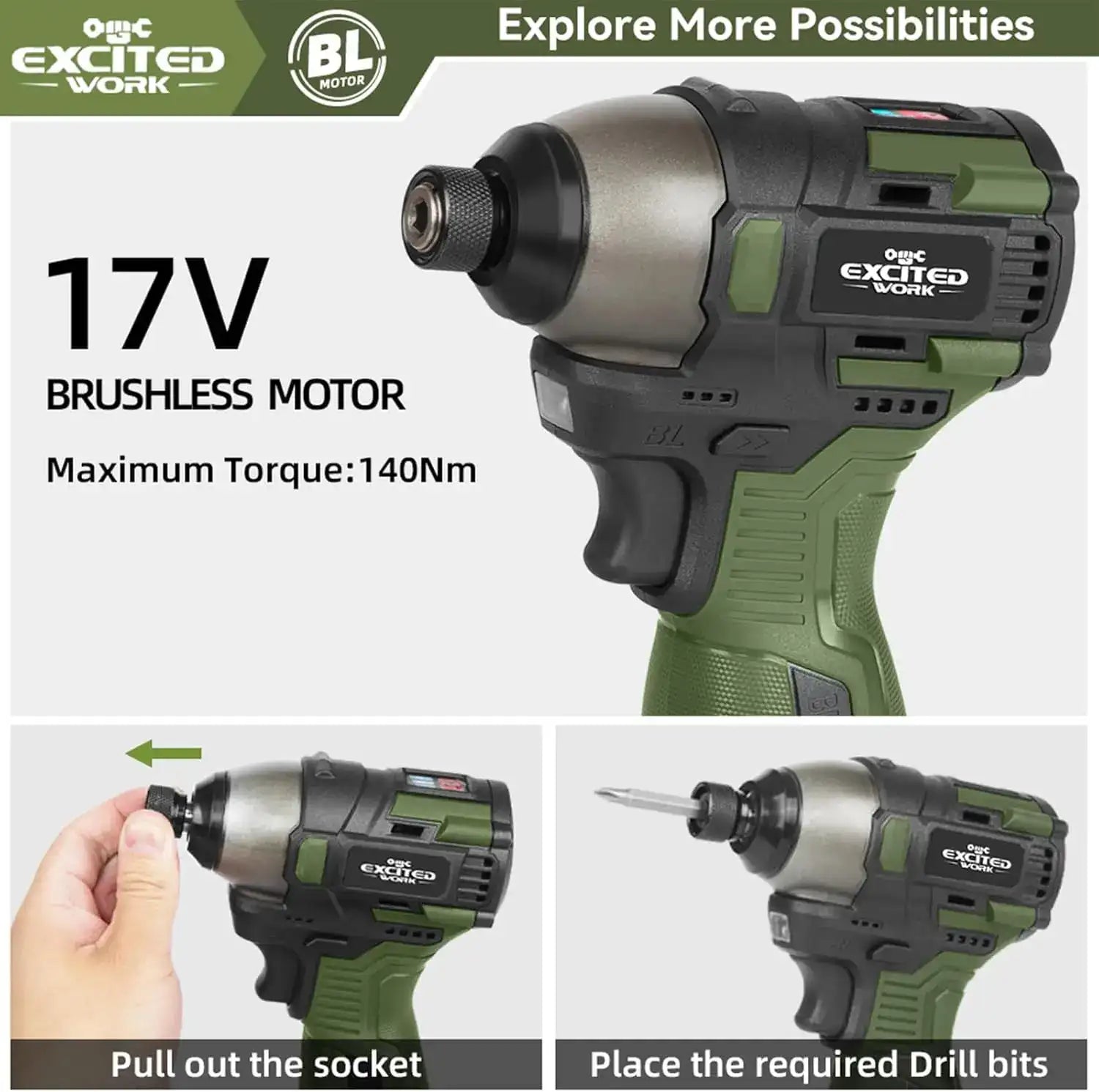 17V Brushless Cordless Drill & Impact Driver Set – 140Nm Power, 3-Speed, 2 Batteries + Full Accessories