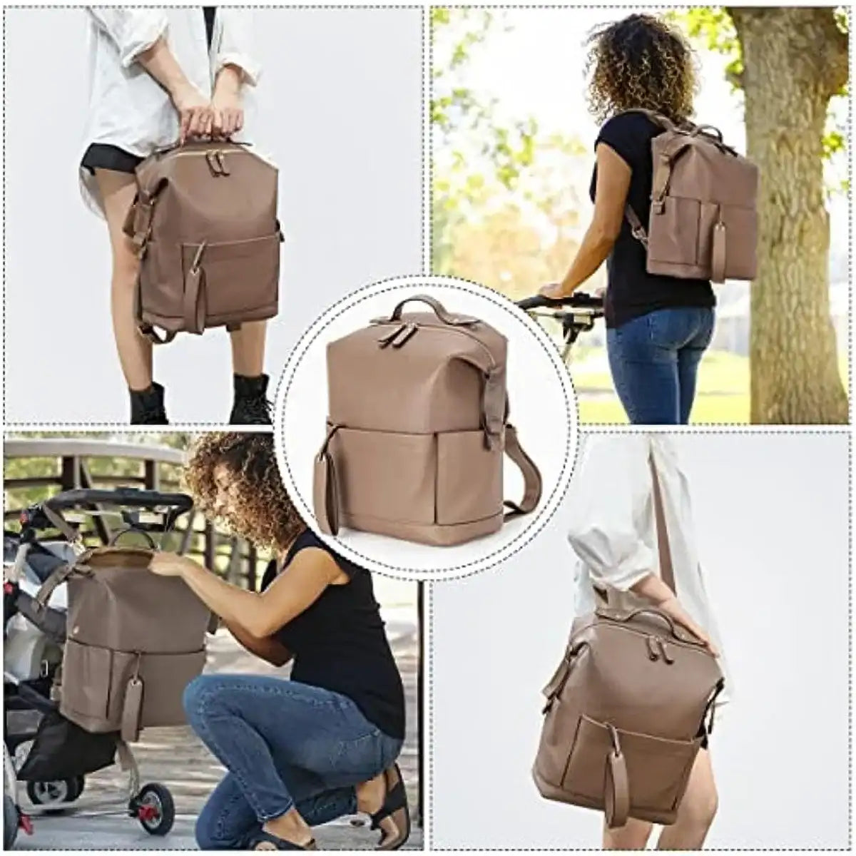 Large Capacity PU Leather Mommy Bag Backpack with Changing Pad – Multifunction Mom & Baby Stroller Bag