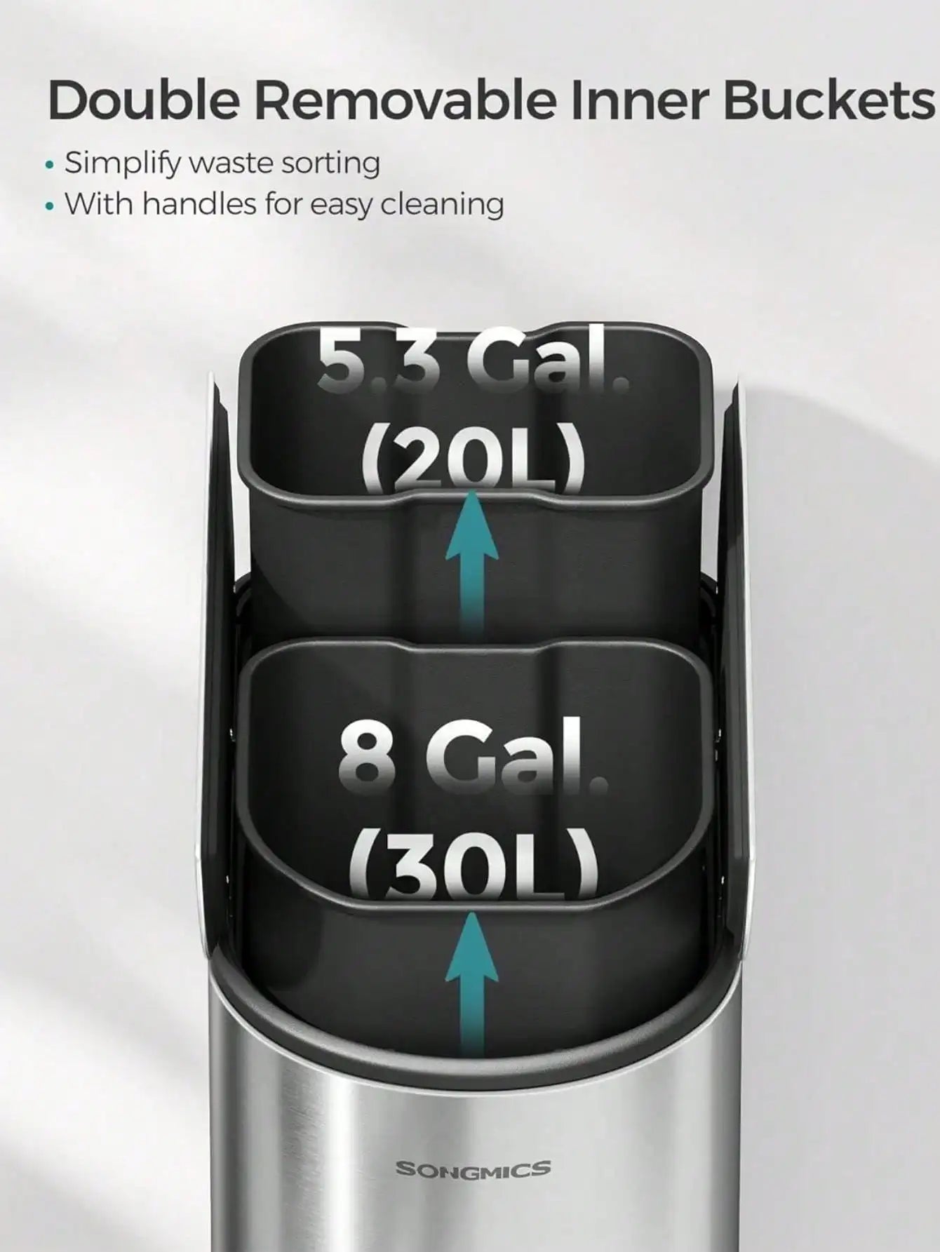 SONGMICS 13-Gallon Dual Kitchen Trash Can – 5.3 & 8 Gallon Compartments, Stainless Steel Wing Lids