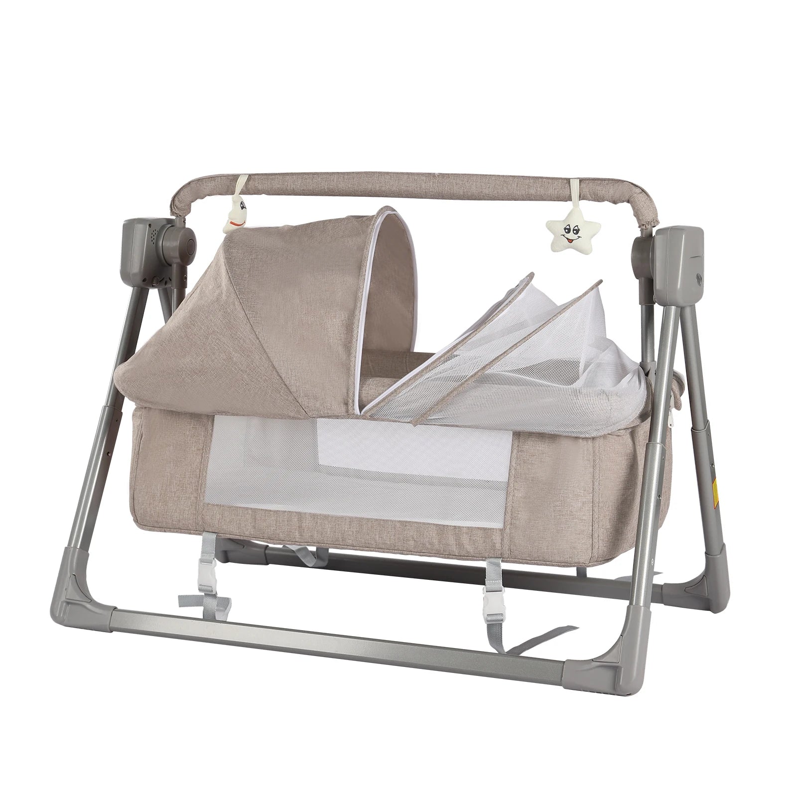 Elele Nova 3‑in‑1 Electric Cradle & Baby Swing Bed – Gray/Khaki Auto-Rocking Recliner Crib with Music, Remote & Soft Mattress