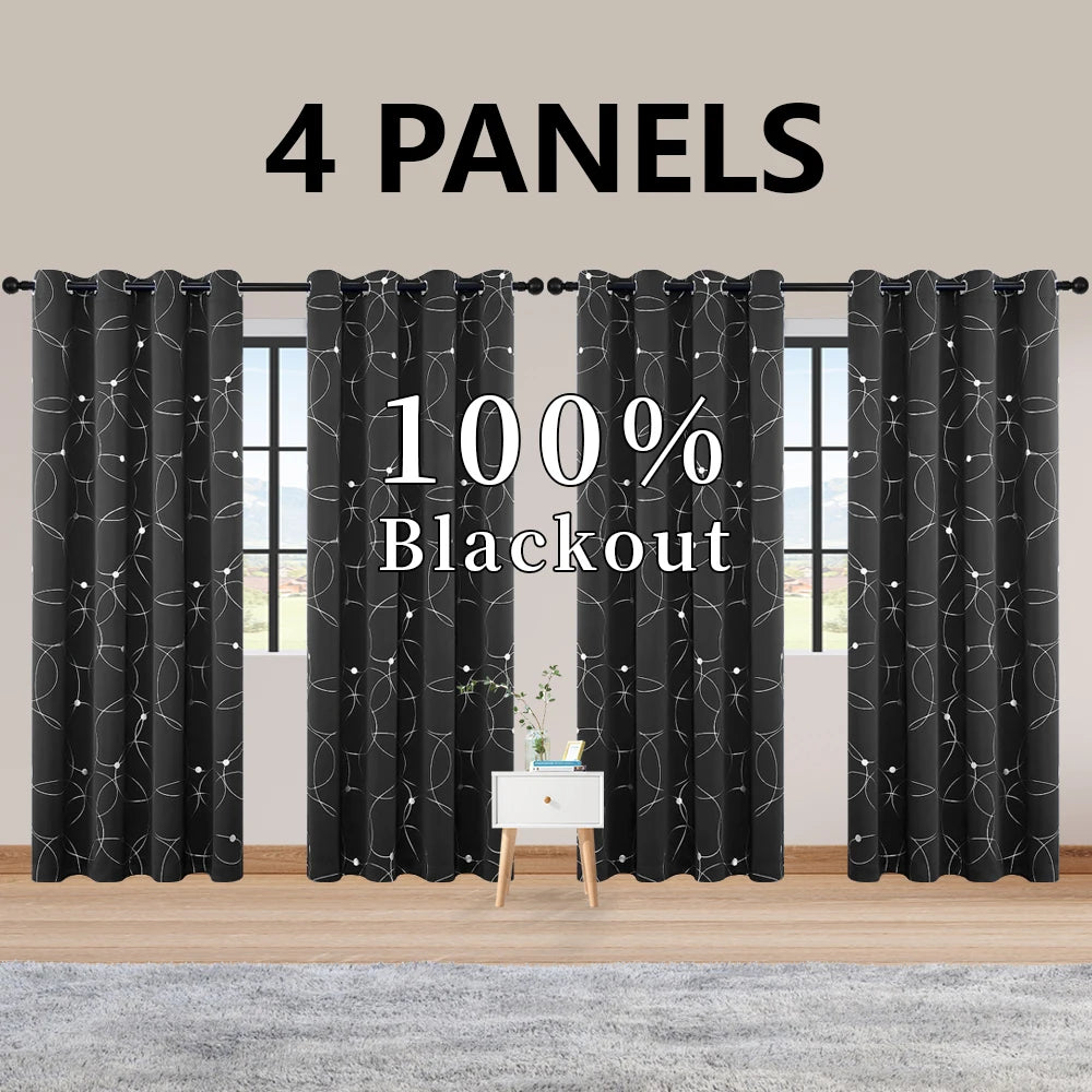 Foil-Printed Thermal Insulated Blackout Curtains – Grommet Top, Room Darkening for Bedroom (Set of 4)