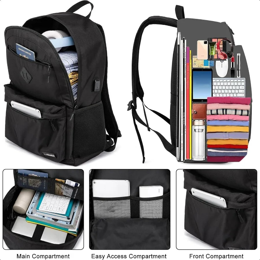 Classic Black 15.6" School Laptop Backpack – USB Charging Bookbag for Teen Boys & Girls | Unisex College & Daily Study Daypack