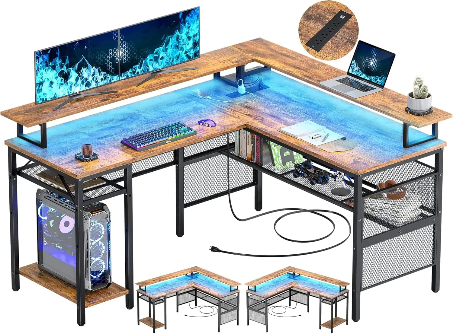 Modern L-Shaped Desk with LED Lights & Power Outlet – Reversible Corner Computer Table with Monitor Stand & Storage Shelf