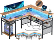 Modern L-Shaped Desk with LED Lights & Power Outlet – Reversible Corner Computer Table with Monitor Stand & Storage Shelf