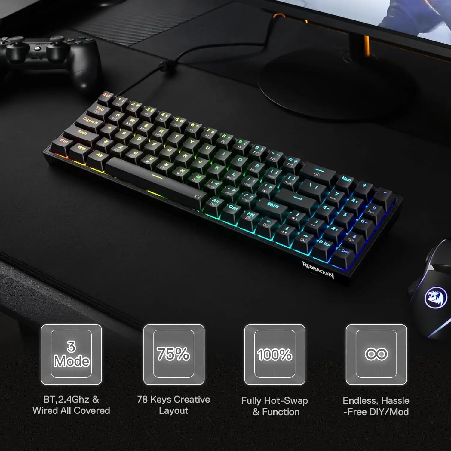 Redragon BS136 Gaming Keyboard & Mouse Combo – K628 Tri-Mode RGB Mechanical Keyboard with 75% Layout & 7200 DPI Gaming Mouse