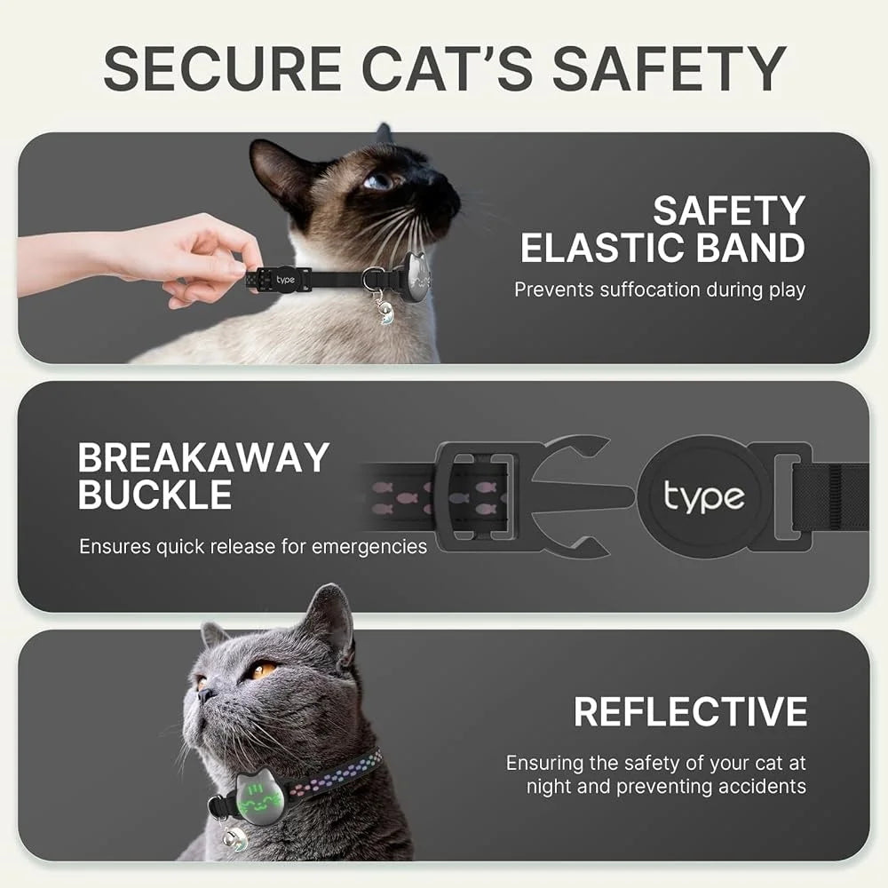Waterproof Cat Collar with AirTag Holder – Reflective Fish Pattern, Lightweight Soft Breakaway GPS Tracker Collar for Kittens & Cats