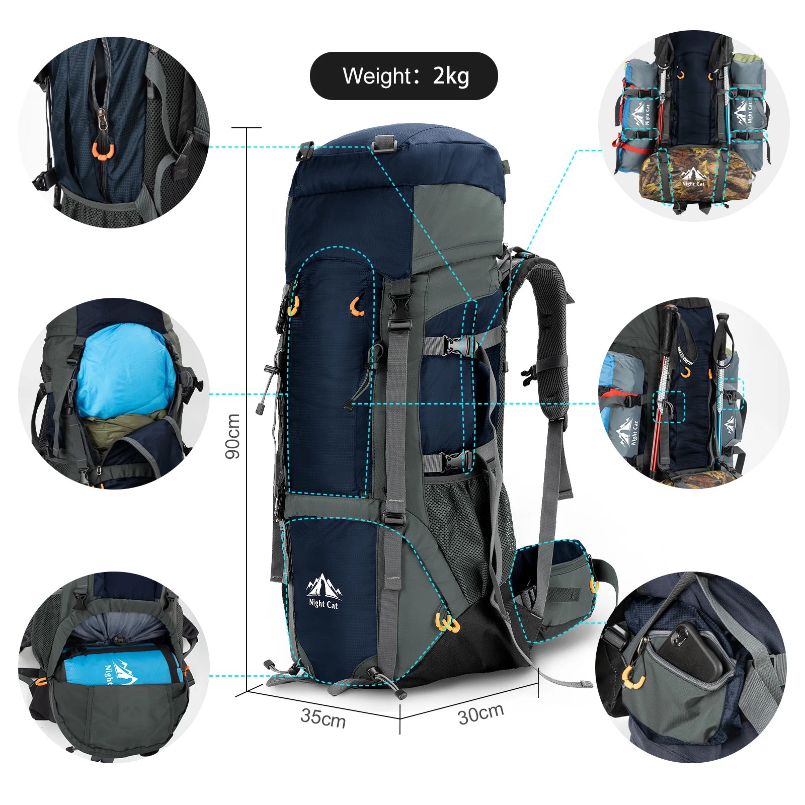 Night Cat 90L Internal Frame Hiking Backpack – Waterproof, Lightweight, Breathable Outdoor Pack for Camping & Trekking