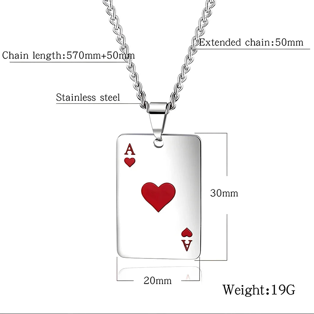 Hip Hop Poker Card Necklace for Men – Stainless Steel Ace of Spades Pendant Chain, Street Style Playing Card Jewelry