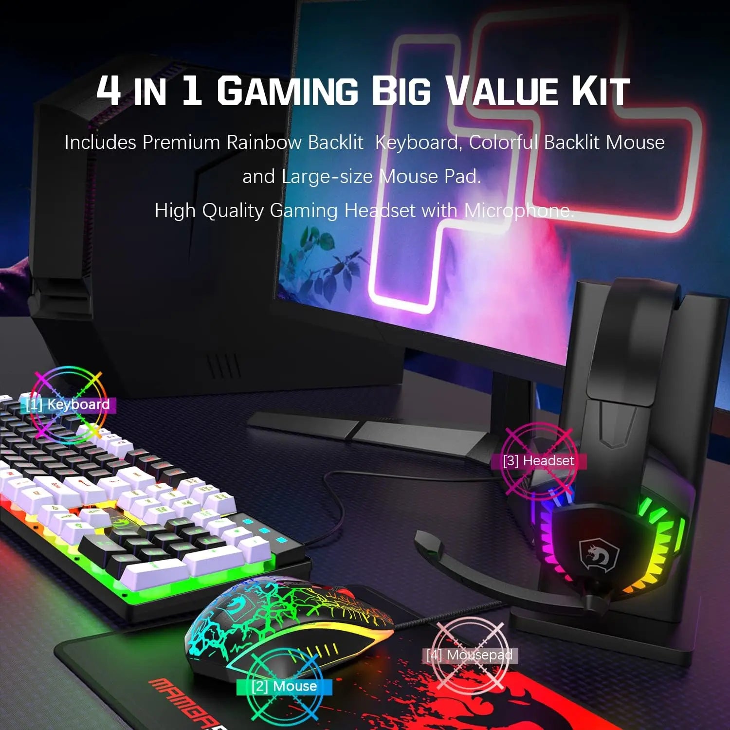 MambaSnake T11 Wired Gaming Combo – Rainbow LED Backlit Keyboard, Gaming Mouse & Headset Set for PC & Laptop