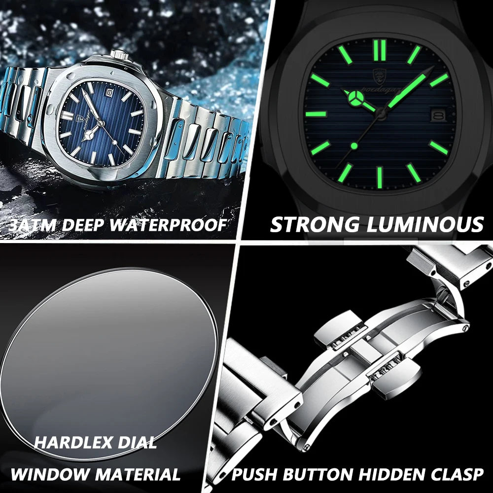 Poedagar Luxury Casual Men’s Watch – Square Dial, Stainless Steel, Luminous, Waterproof with Calendar & Gift Box