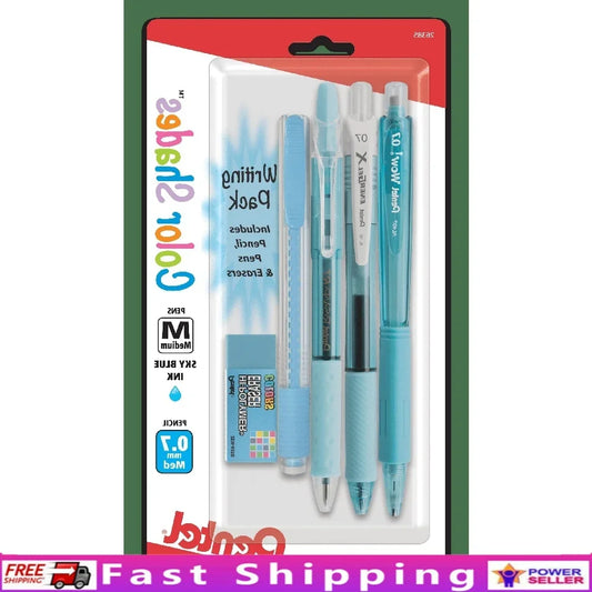 Sky Blue Writing Set – 5-Piece Gel Pen, Ballpoint, Mechanical Pencil & Eraser Pack for School & Office ✍️