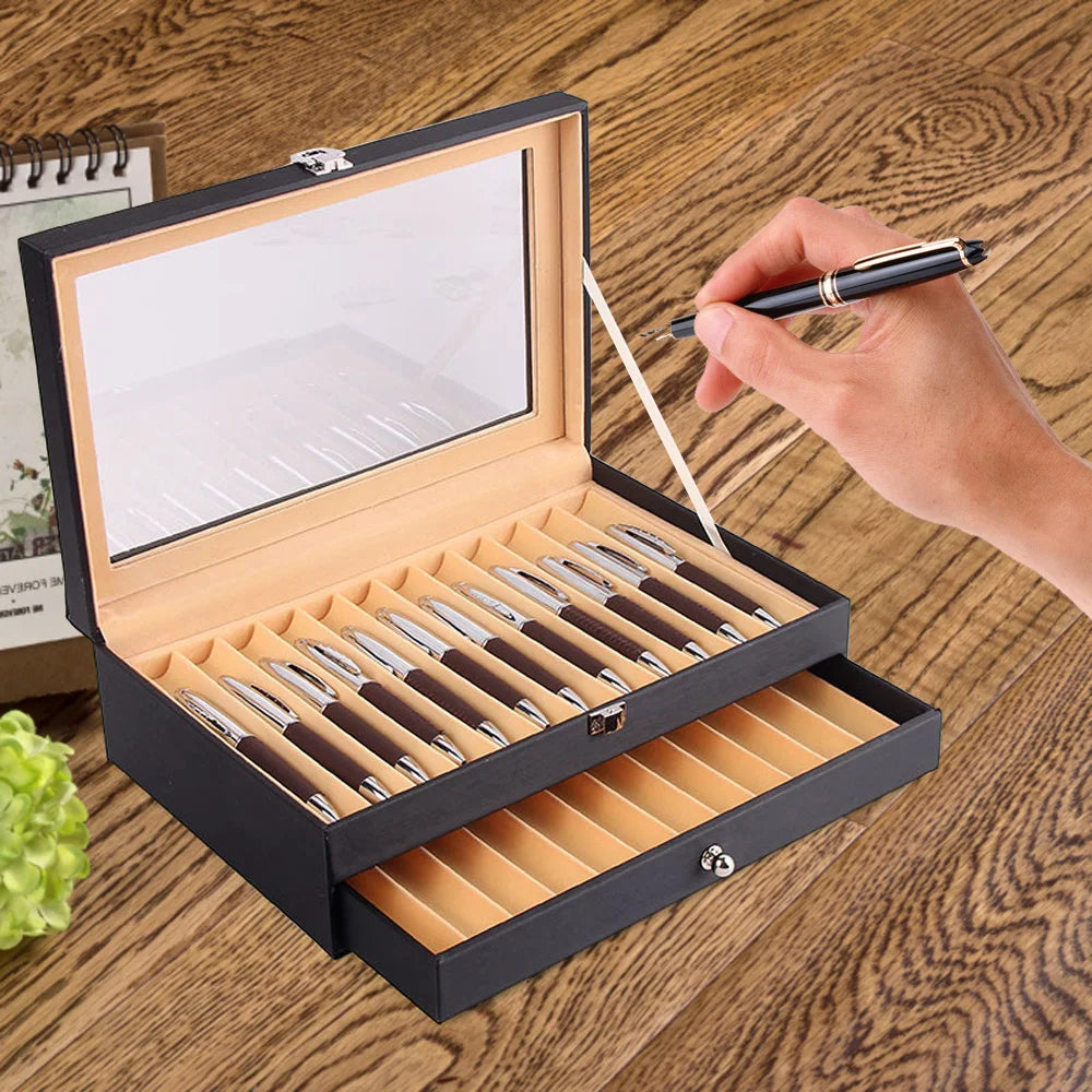 Leather Fountain Pen Display Case – 24-Pen Storage & Organizer Box