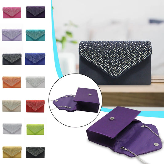 Women’s Satin Rhinestone Clutch – Elegant Evening Shoulder Bag with Thin Chain for Parties, Banquets & Weddings