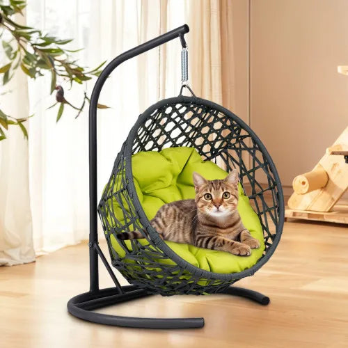 Cat Swing Bed with Stand – Indoor Hanging Egg Chair with Cushion, Rattan Wicker Style Swinging Pet Bed for Cats & Small Dogs