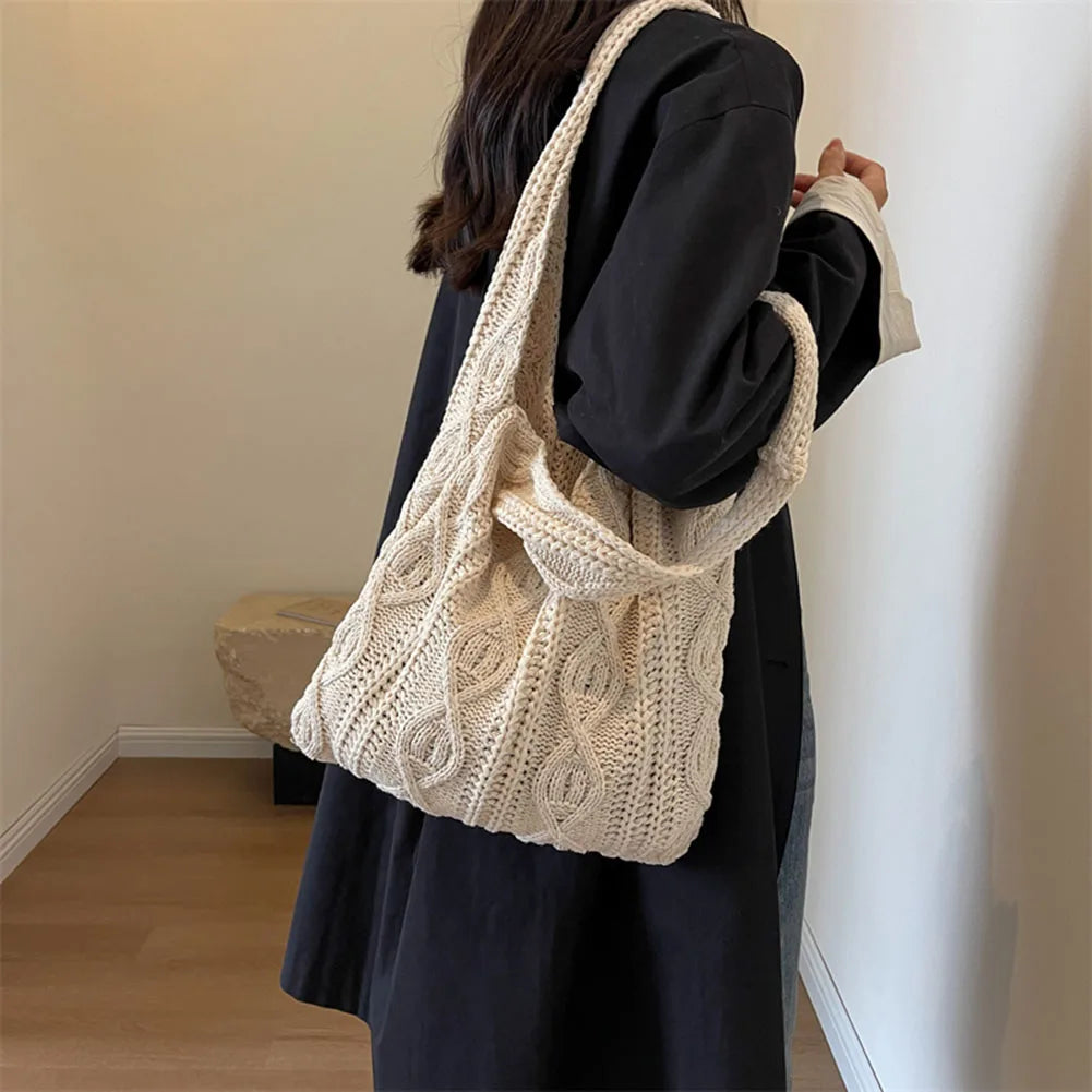 Wool-Knitted Shoulder Shopping Bag for Women – Vintage Cotton Cloth Tote, Large Crochet-Style Shopper Handbag