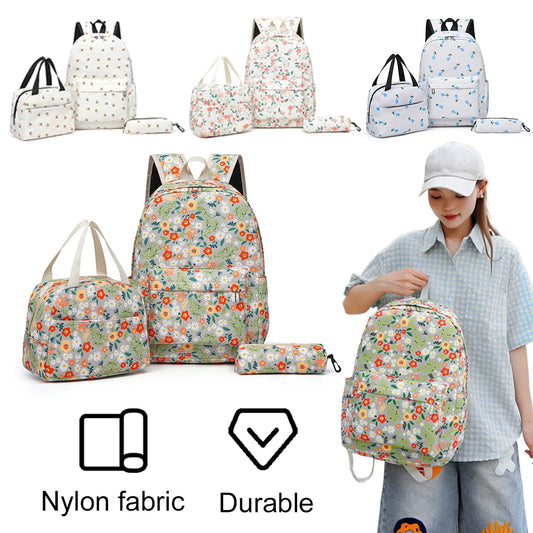 3-Piece Floral Backpack Set for Teenagers – Large Capacity School Bookbag with Lunch Bag & Pen Case